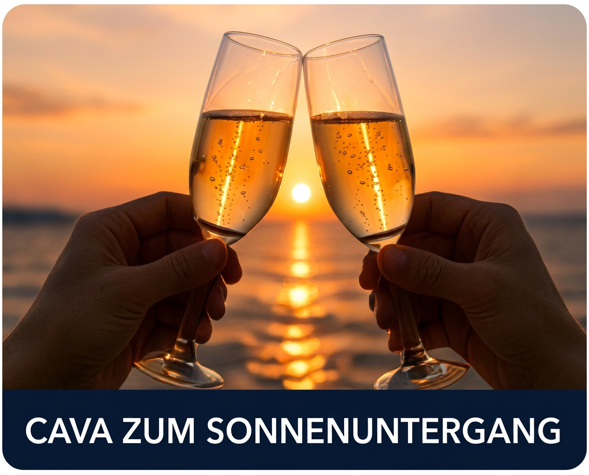 Cava zum Sonnenuntergang: anstoßende Gläser an Bord